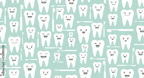 A cheerful background of cartoon teeth & toothbrushes with various expressions on a pale blue backdrop