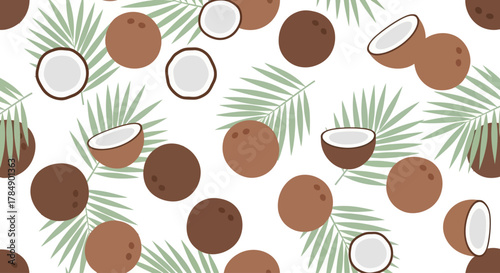 Tropical pattern on a white backdrop; brown coconuts whole & halved, light green palm fronds scattered