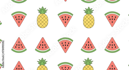 A repeating pattern on white, featuring alternating slices of watermelon and whole pineapples. Simple, bright, and summery