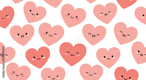 An array of cartoon hearts in various shades of pink and red. Each heart has a unique, happy facial expression