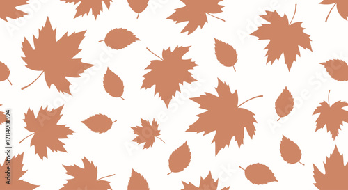 A white background hosts scattered, muted brown leaf silhouettes, some maple-shaped, creating a seamless, autumnal pattern