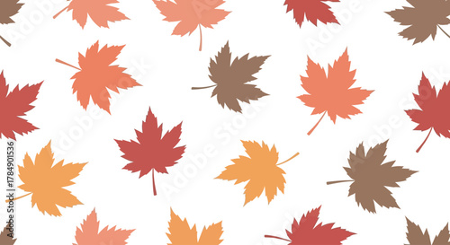 A repeating pattern of colorful maple leaves scattered across a stark white background, creating an autumnal design