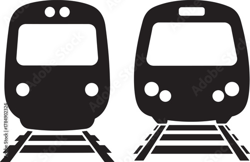 Two train fronts on tracks silhouette