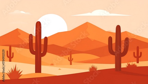 Desert Landscape Illustration Featuring Cacti, Mountains, and a Vibrant Sunset