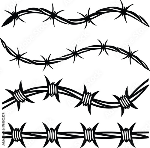 Set of four detailed black vector illustrations of realistic and stylized barbed wire designs, suitable for horizontal borders, security themes, sharp graphic design, and tattoo art decals.