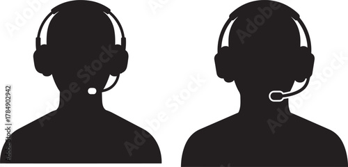 Two heads with headphones and microphones silhouette