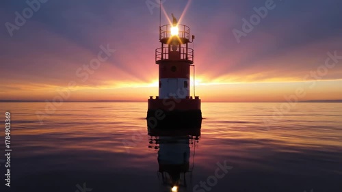 A lighthouse stands tall at sunset casting a reflection on calm waters Light rays burst from behind it