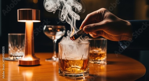Male hand crafting a smoked old fashioned cocktail in a luxury bar. Mixologist infusing premium whiskey with aromatic wood smoke. Sophisticated nightlife and gourmet beverage concept