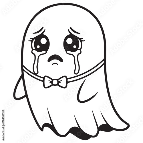 Cute Crying Ghost Cartoon Character with Bow Tie, Black Outline Art