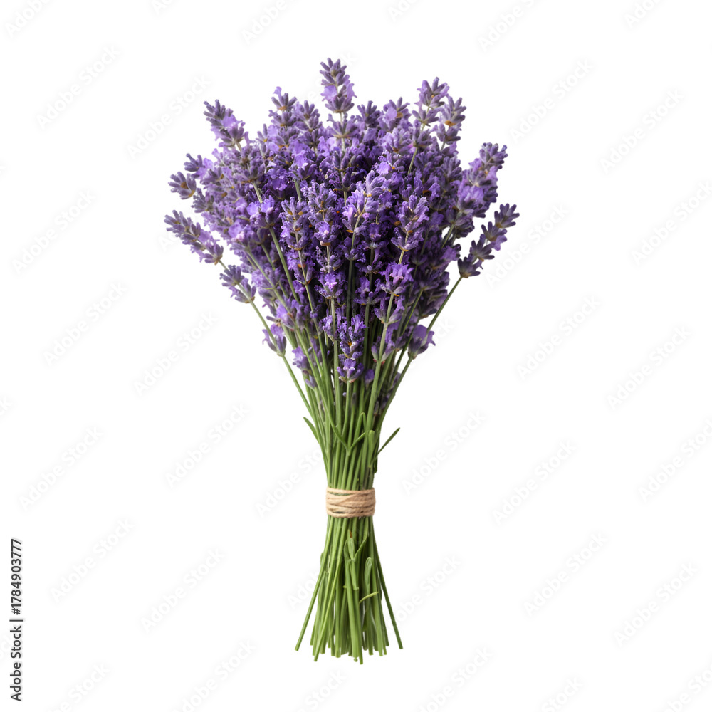 Fototapeta premium A Bunch of Freshly Cut Lavender Stems Tied Together with Twine on a Transparent Background Ideal for Floral Arrangements and Aromatherapy