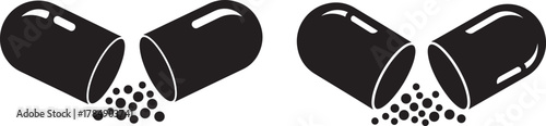 Two open black pill capsules silhouette