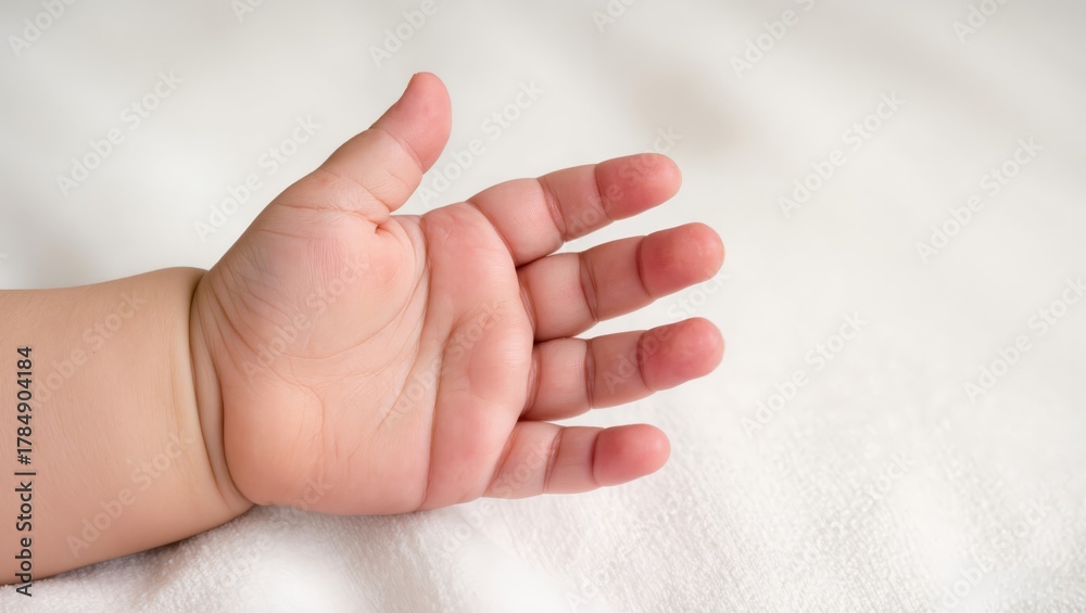 Obraz premium A child's palm with open fingers, a baby's hand on a soft white background