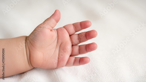 A child's palm with open fingers, a baby's hand on a soft white background