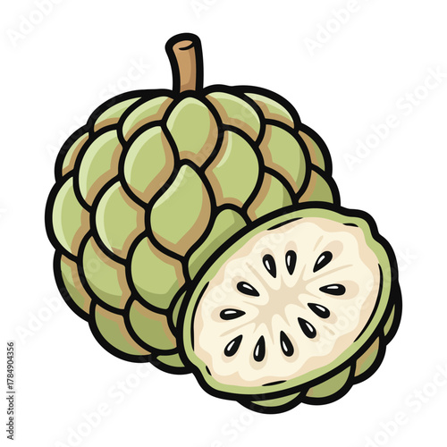 a minimalist modern vector icon of a sugar apple, using light green, ivory white, and tan brown hues, isolated on a solid white background.