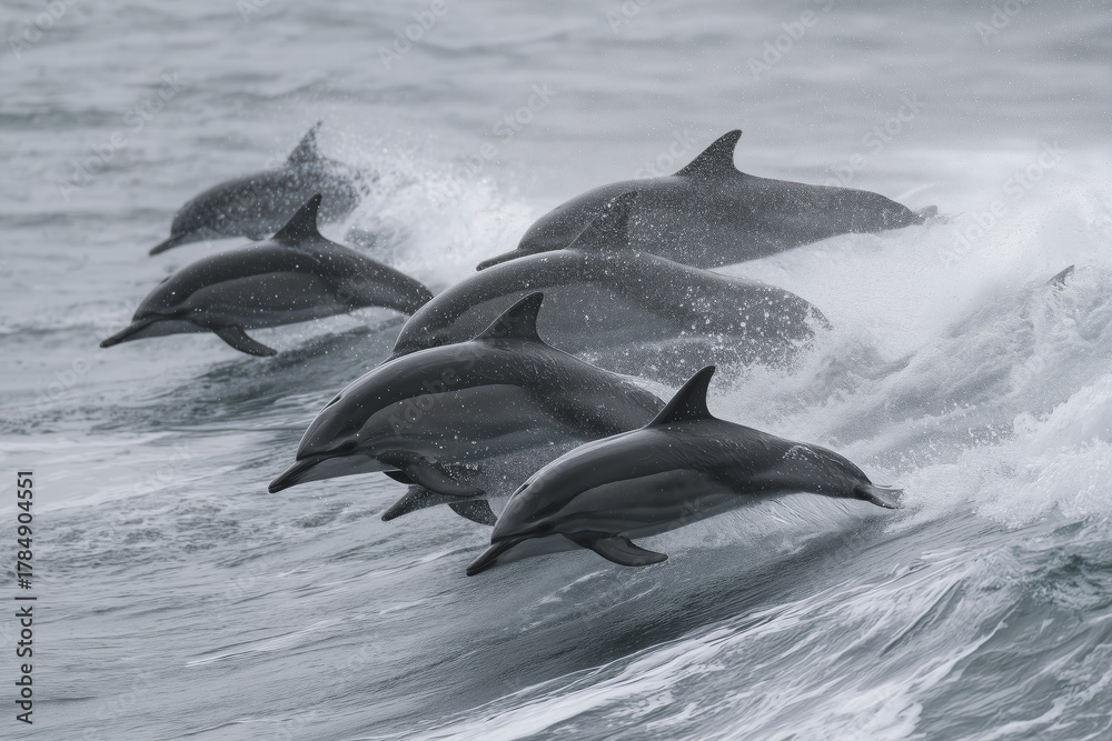 Obraz premium Dolphins Jumping Through Waves in a Vibrant Ocean Scene During Daylight Hours