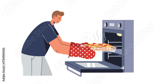 Man wearing oven mitts taking a delicious lasagna out of the oven for a cozy family dinner night filled with love and laughter