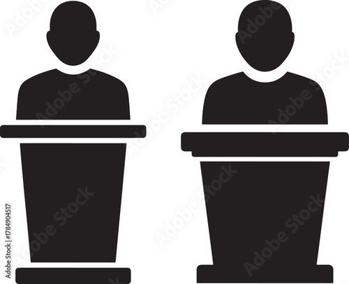 Two figures at lecterns silhouette