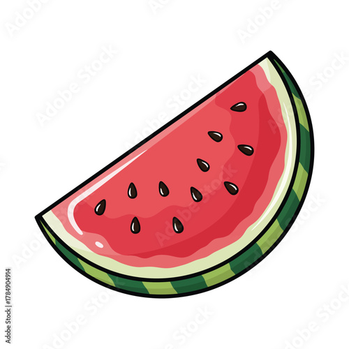 a minimalist modern vector icon of a watermelon half, using crimson red, deep green, and soft white rind accents, isolated on a solid white background.