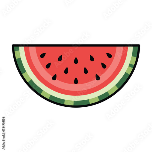 a minimalist modern vector icon of a watermelon slice with seeds, using bright red, dark green, and pale cream hues, isolated on a solid white background.