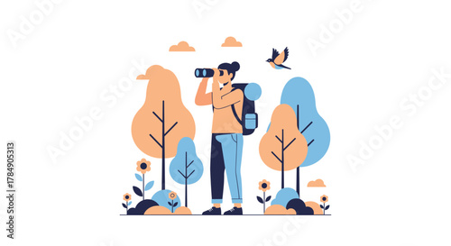 Adventurous explorer with binoculars discovers nature's beauty amidst vibrant trees and flying bird