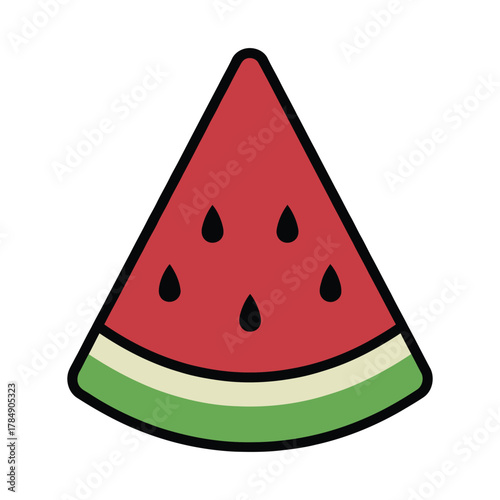 a minimalist modern vector icon of a watermelon wedge, using crimson red, forest green, and pale beige tones, isolated on a solid white background.