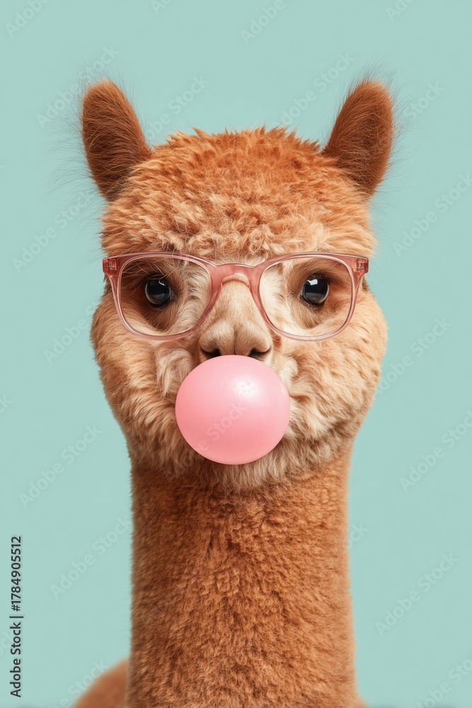 Naklejka premium Trendy Alpaca Blowing Bubble Gum Against a Mint Green Background