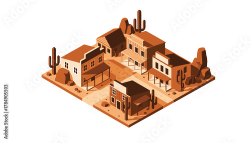 Vibrant isometric western town scene with desert landscape, cacti, and rustic buildings evoking adventure and history