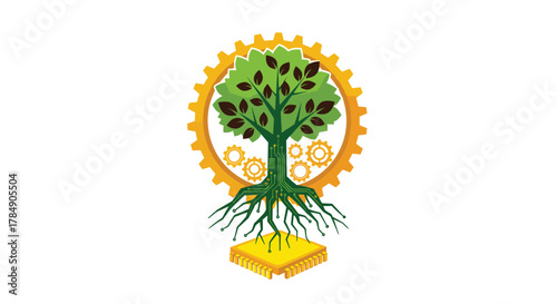 Innovative tree of life fuses technology and nature with circuit roots and gear backdrop symbolizing growth and progress