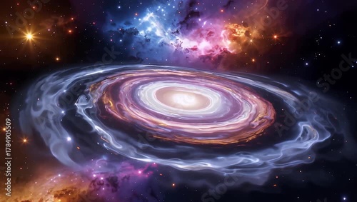 Spiral galaxy with luminous core and swirling dust rings against colorful nebula