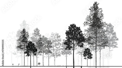 Minimal CAD Tree Line Drawings – Outline Symbols and Graphic Tree Elements for Landscape Design, Vector Illustration Set for Architecture and Planning