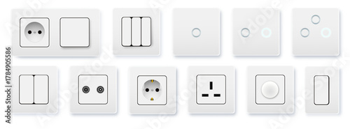 Realistic socket and switch. Interior wall outlets or electric connectors. Switches and sockets set Different square types. Vector
