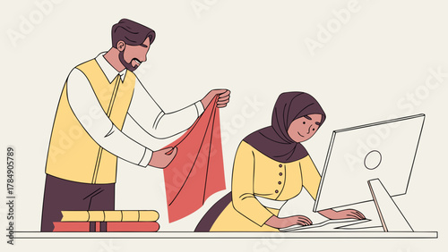 Arab Couple Running Fashion Startup Vector Illustration
