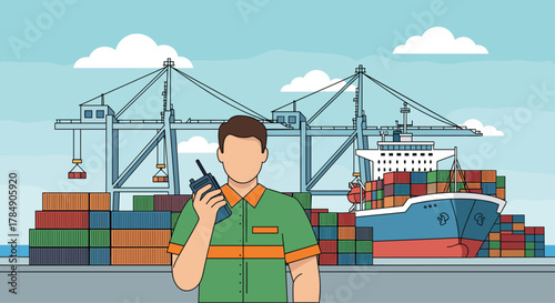 Dedicated port worker communicates via radio amidst busy shipping containers and large cargo vessel, symbolizing global logistics and trade operations