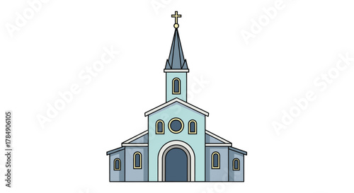 Serene light blue church building with steeple and cross, ideal for religious or community themes