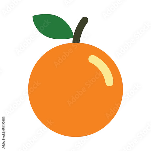 A minimalist modern vector icon of an orange, using vivid orange, fresh green, and pale yellow tones, isolated on a solid white background.