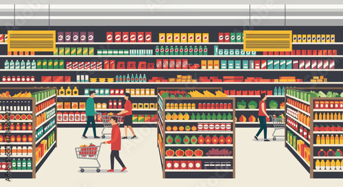 People shopping for groceries in a vibrant, well-stocked supermarket aisle filled with colorful products and fresh produce
