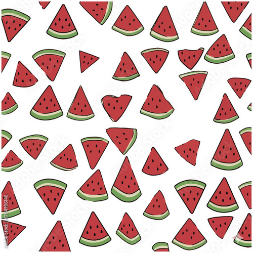 a minimalist modern vector icon of a watermelon pattern, using deep red, green rind, and pale white accents, isolated on a solid white background.