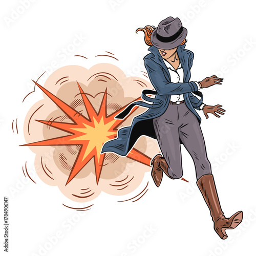 Female detective running with explosion pop art vector illustration