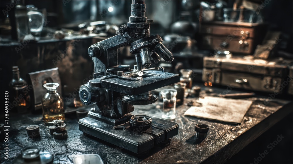Fototapeta premium Vintage Microscope in Old Laboratory with Bottles and Scientific Equipment