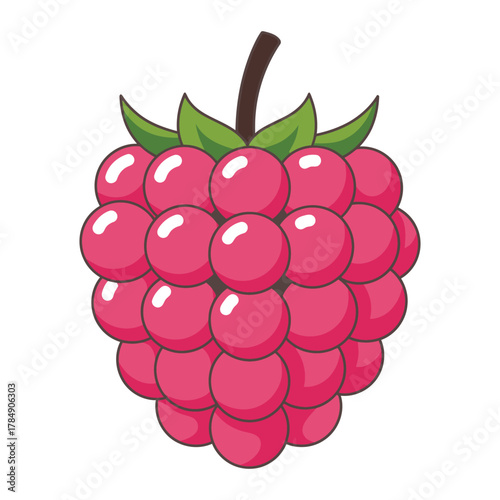 a minimalist modern vector icon of a raspberry, using magenta red, rose pink, and deep green hues, isolated on a solid white background.