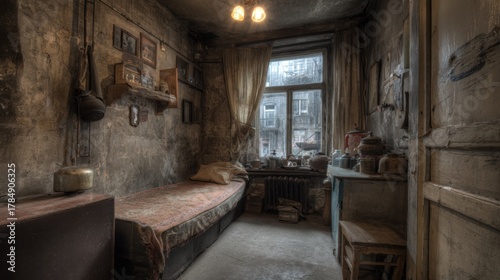 Old Cramped Bedroom with Weathered Walls and Vintage Decor in a Dilapidated Apartment