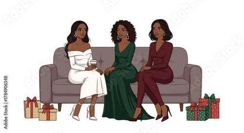 Three stylish Black women in elegant outfits relax on a couch surrounded by festive gifts, embodying modern friendship and celebration