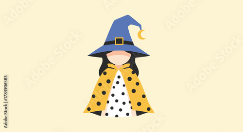 Whimsical witch character with blue hat and yellow polka dot cape, perfect for Halloween and magical themes