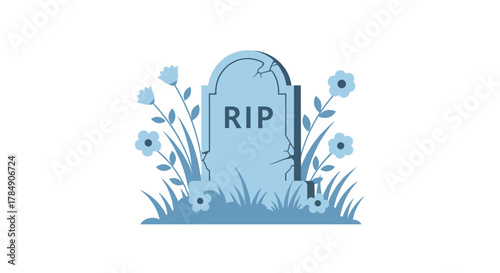Symbolizing finality and remembrance, a serene RIP gravestone stands amidst delicate blue flowers and lush grass