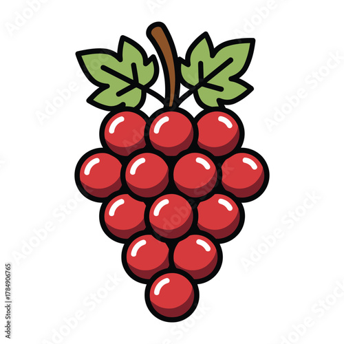 a minimalist modern vector icon of a red grape bunch, using glossy red, burgundy, and leafy green tones, isolated on a solid white background.