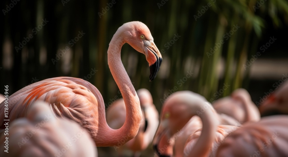 Obraz premium Vibrant pink flamingo standing out from the flock. Detailed close up of an elegant bird's head and curved neck. Exotic wildlife in a natural habitat. Zoological and conservation concept