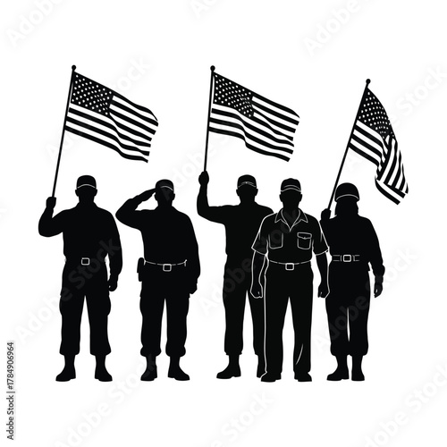 Silhouette of diverse soldiers holding american flags in a patriotic display