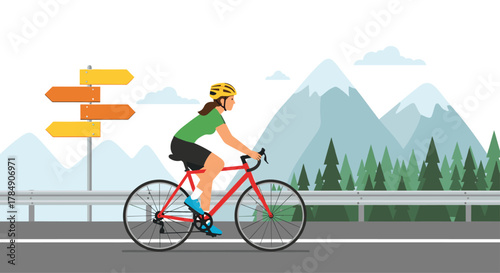Active woman cycles through scenic mountain landscape with directional signs offering choices for adventure and exploration