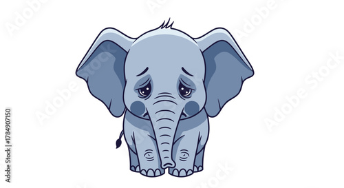 Adorable sad baby elephant with big soulful eyes, conveying vulnerability and needing comfort, perfect for emotional stories