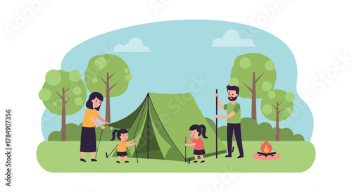Joyful family setting up a green tent together for outdoor camping adventure with a campfire nearby in a park setting